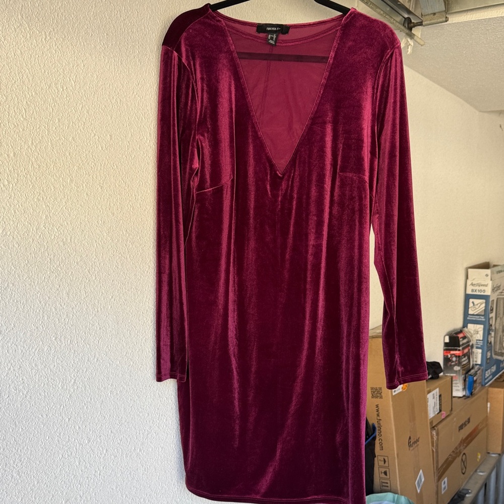 H&M Velvet Long Sleeve Dress in Deep Burgundy